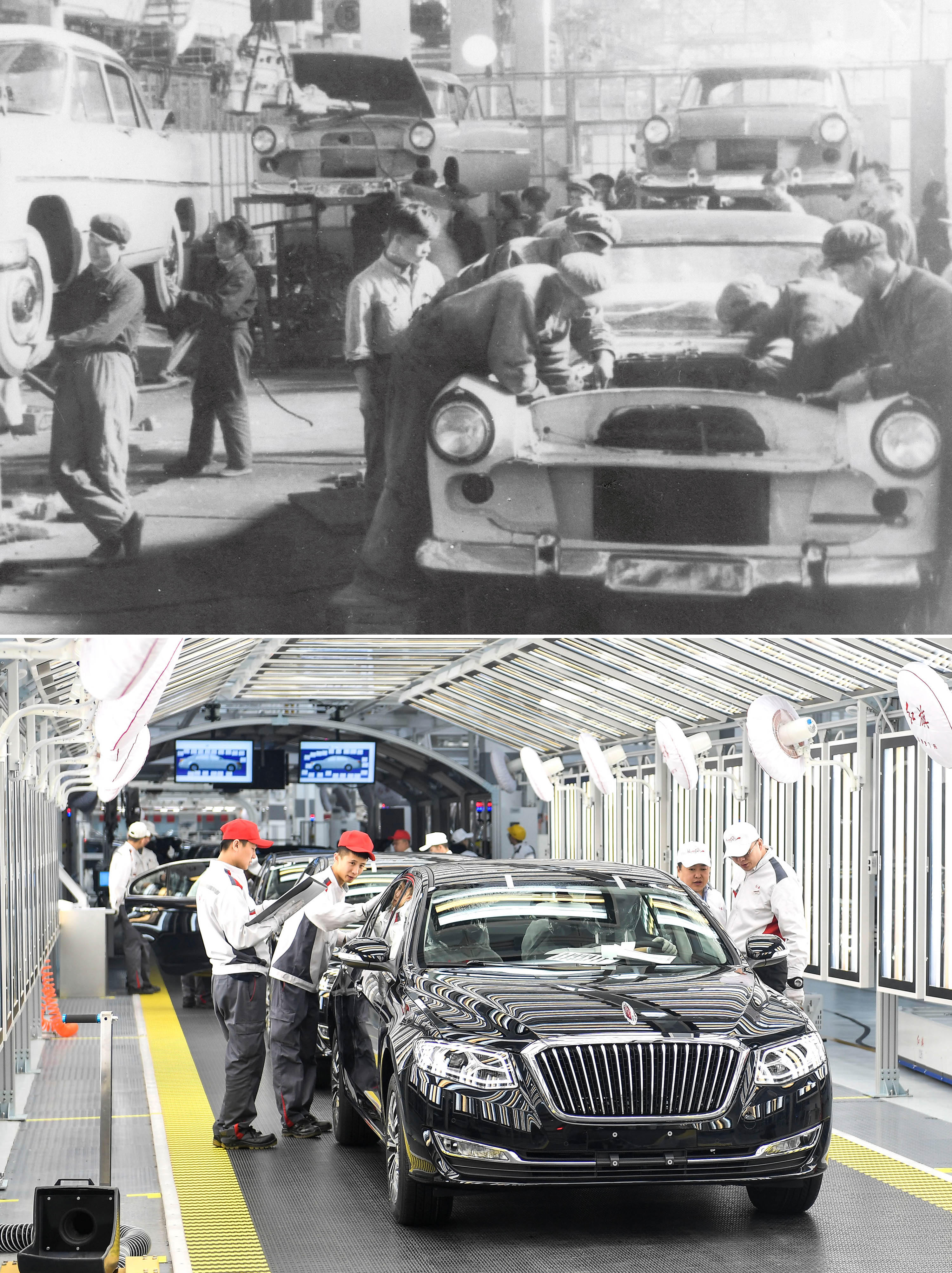 拼版照片：上圖為1958年拍攝的第一汽車制造廠（資料照片）。這里生產(chǎn)了第一批紅旗轎車；下圖為2019年4月9日，在一汽紅旗總裝車間內(nèi)，職工在對生產(chǎn)的紅旗轎車進行靜檢作業(yè)。